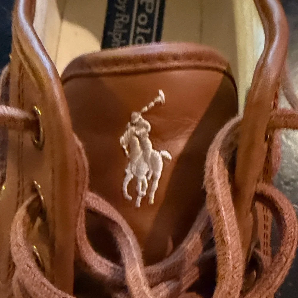 Polo by Ralph Lauren Tan Canvas with Brown Leather Trim Boat Shoes